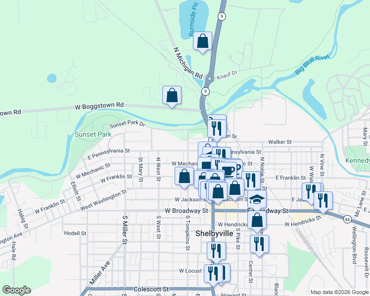 map of restaurants, bars, coffee shops, grocery stores, and more near 212 North Tompkins Street in Shelbyville