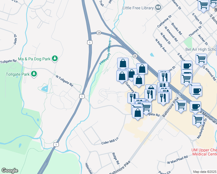map of restaurants, bars, coffee shops, grocery stores, and more near 294E Canterbury Road in Bel Air