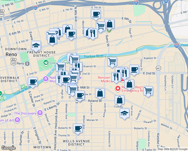 map of restaurants, bars, coffee shops, grocery stores, and more near 803 Aitken Street in Reno