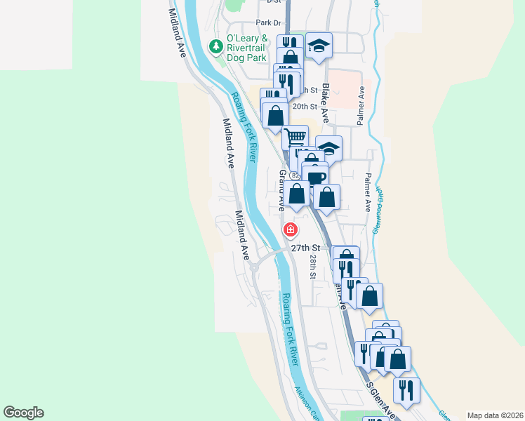 map of restaurants, bars, coffee shops, grocery stores, and more near 2525 South Grand Avenue in Glenwood Springs