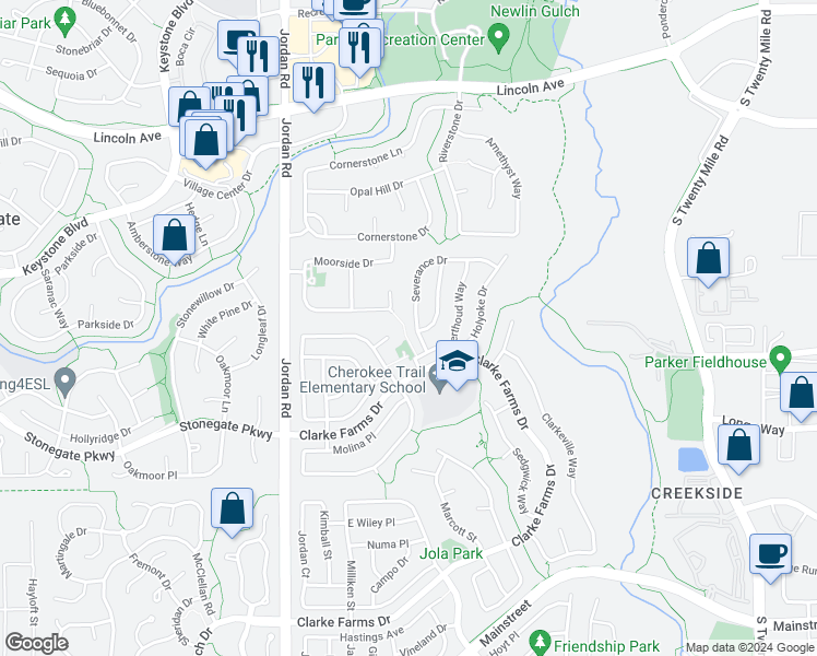 map of restaurants, bars, coffee shops, grocery stores, and more near 10365 Severance Drive in Parker
