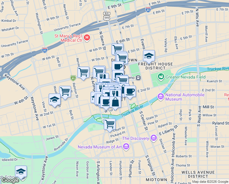 map of restaurants, bars, coffee shops, grocery stores, and more near 130 West 2nd Street in Reno