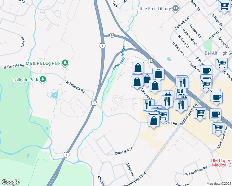 map of restaurants, bars, coffee shops, grocery stores, and more near 298 Canterbury Road in Bel Air