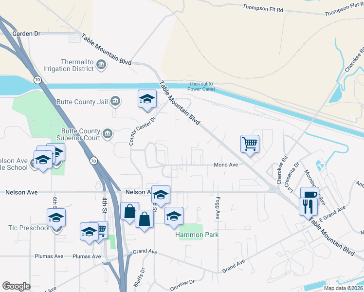 map of restaurants, bars, coffee shops, grocery stores, and more near 136 Mono Avenue in Oroville