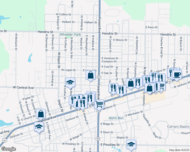 map of restaurants, bars, coffee shops, grocery stores, and more near 117 East Blaine Street in Brazil