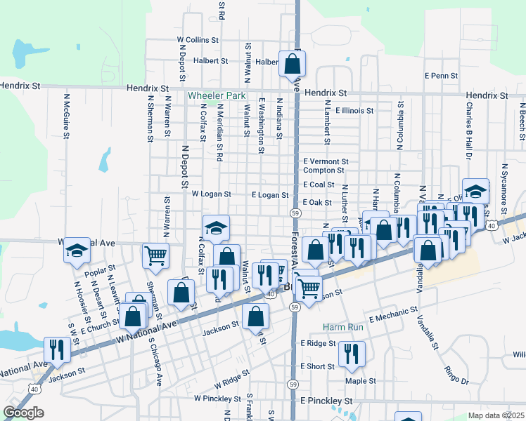 map of restaurants, bars, coffee shops, grocery stores, and more near 515 N Walnut St in Brazil