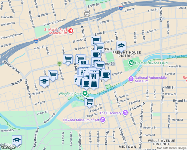 map of restaurants, bars, coffee shops, grocery stores, and more near 130 West 2nd Street in Reno