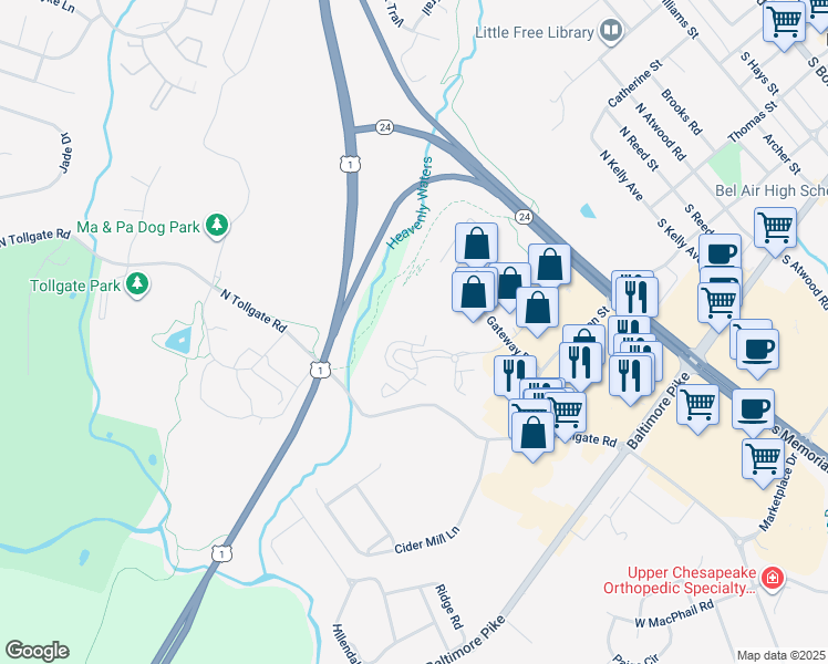 map of restaurants, bars, coffee shops, grocery stores, and more near 292 Canterbury Road in Bel Air