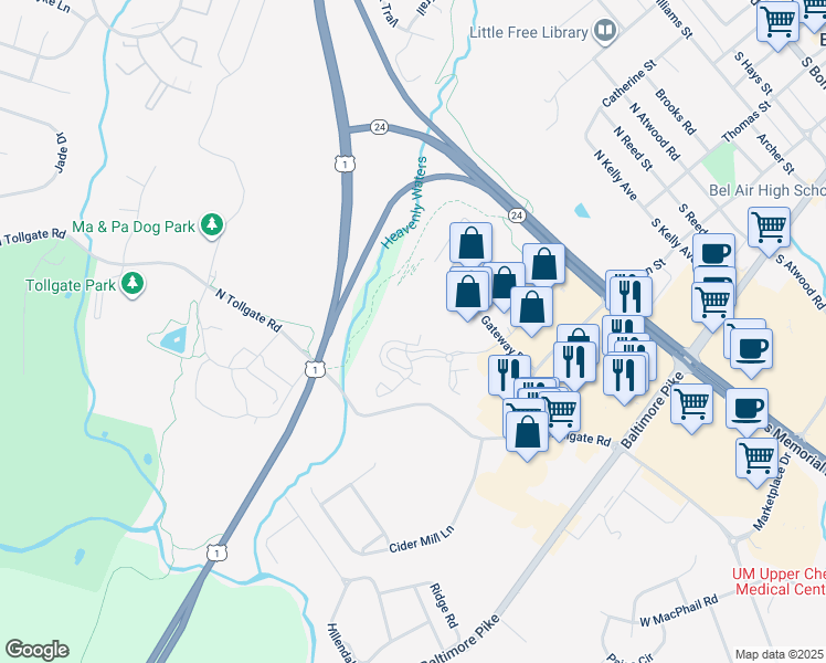 map of restaurants, bars, coffee shops, grocery stores, and more near 294E Canterbury Road in Bel Air