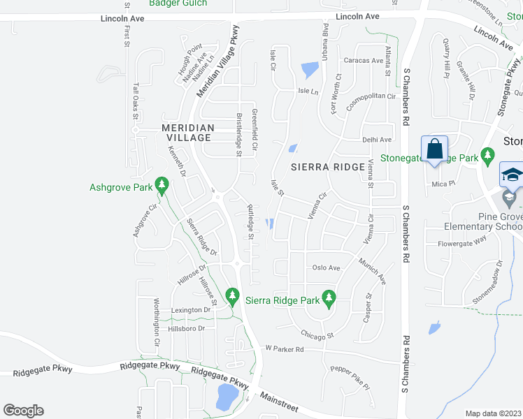 map of restaurants, bars, coffee shops, grocery stores, and more near 10410 Rutledge Street in Parker