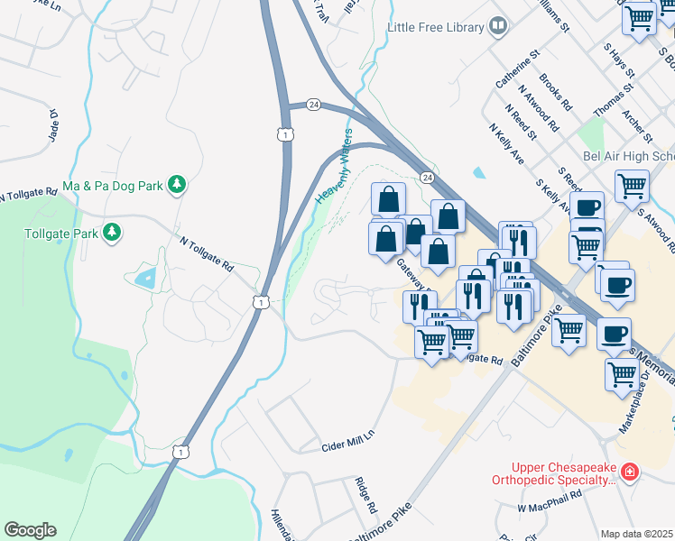 map of restaurants, bars, coffee shops, grocery stores, and more near 292 Canterbury Road in Bel Air
