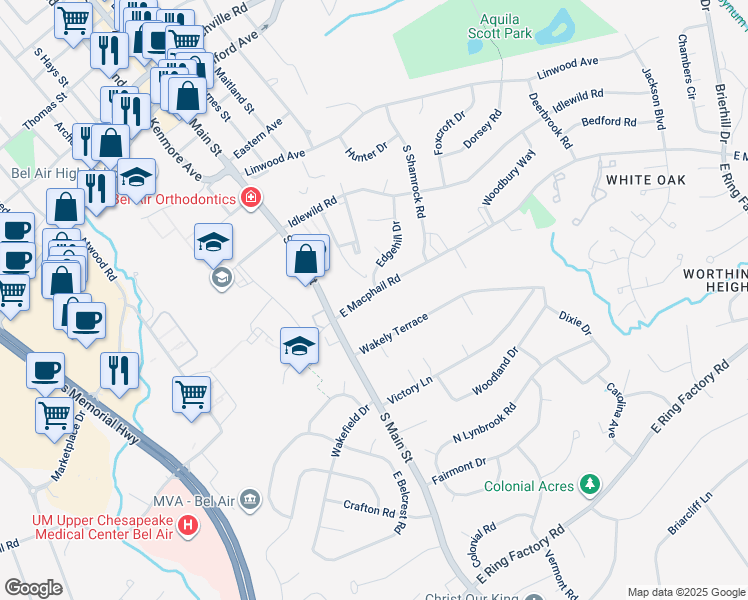 map of restaurants, bars, coffee shops, grocery stores, and more near 101 East Macphail Road in Bel Air
