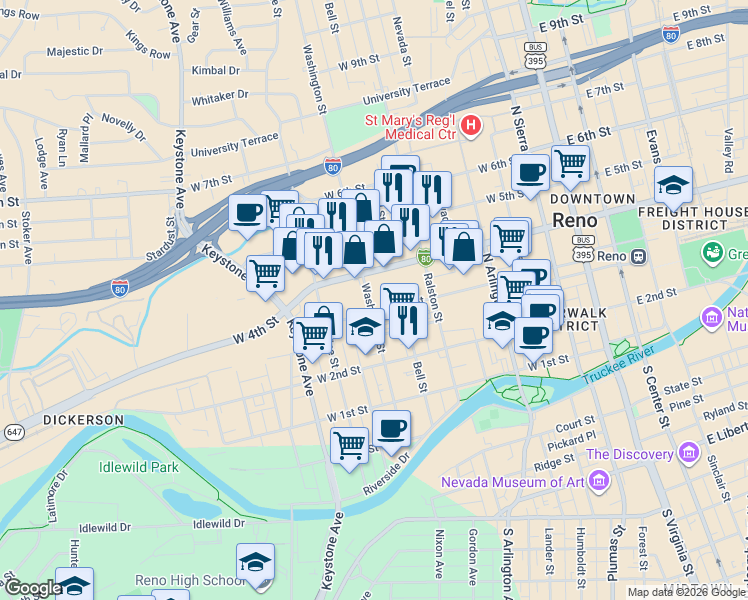 map of restaurants, bars, coffee shops, grocery stores, and more near in Reno