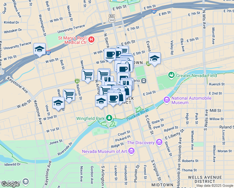 map of restaurants, bars, coffee shops, grocery stores, and more near 151 West Commercial Row in Reno