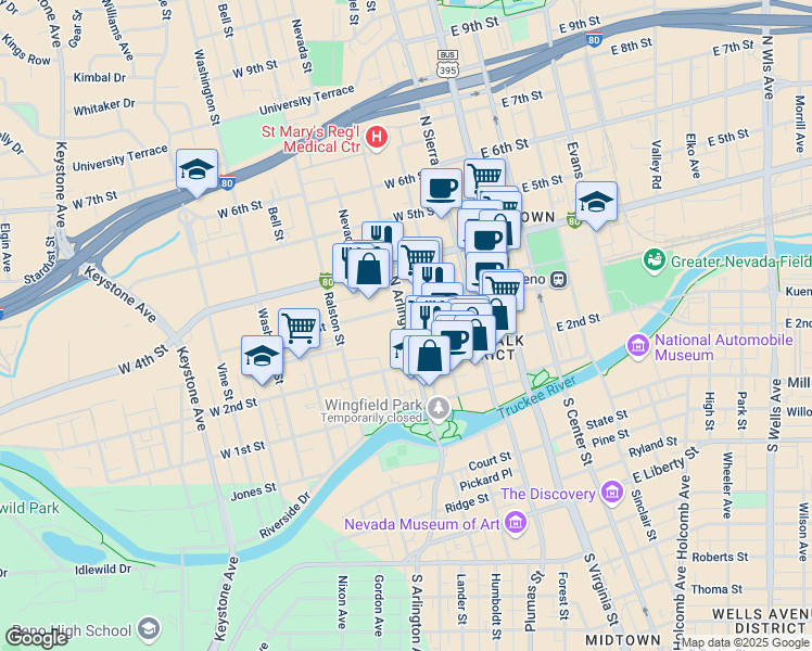 map of restaurants, bars, coffee shops, grocery stores, and more near 303 West 3rd Street in Reno