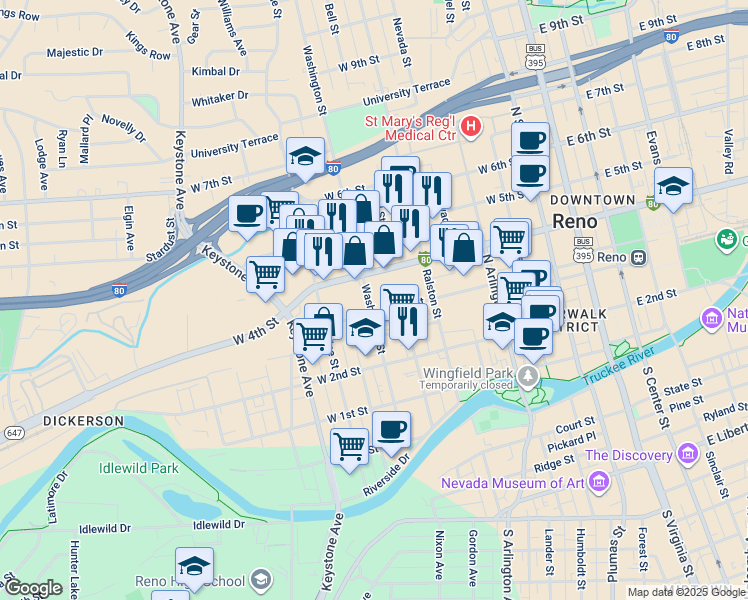 map of restaurants, bars, coffee shops, grocery stores, and more near in Reno