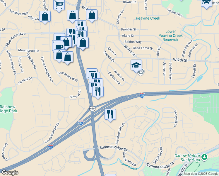 map of restaurants, bars, coffee shops, grocery stores, and more near 3291 Heights Drive in Reno