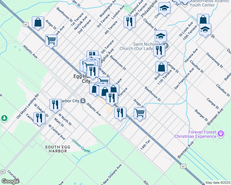 map of restaurants, bars, coffee shops, grocery stores, and more near 823 Arago Street in Egg Harbor City