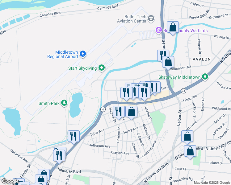map of restaurants, bars, coffee shops, grocery stores, and more near 1931 Erie Avenue in Middletown