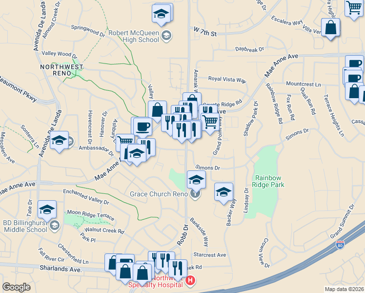 map of restaurants, bars, coffee shops, grocery stores, and more near 6148 Mae Anne Avenue in Reno