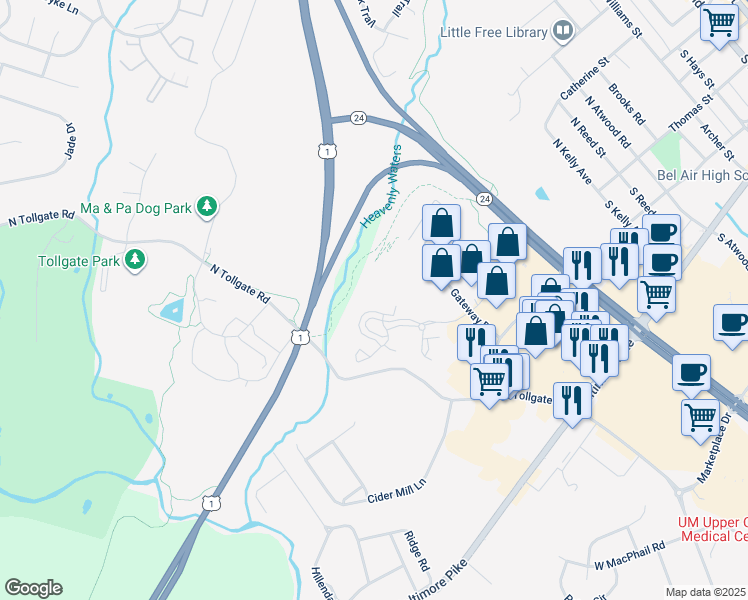 map of restaurants, bars, coffee shops, grocery stores, and more near 298 Canterbury Road in Bel Air