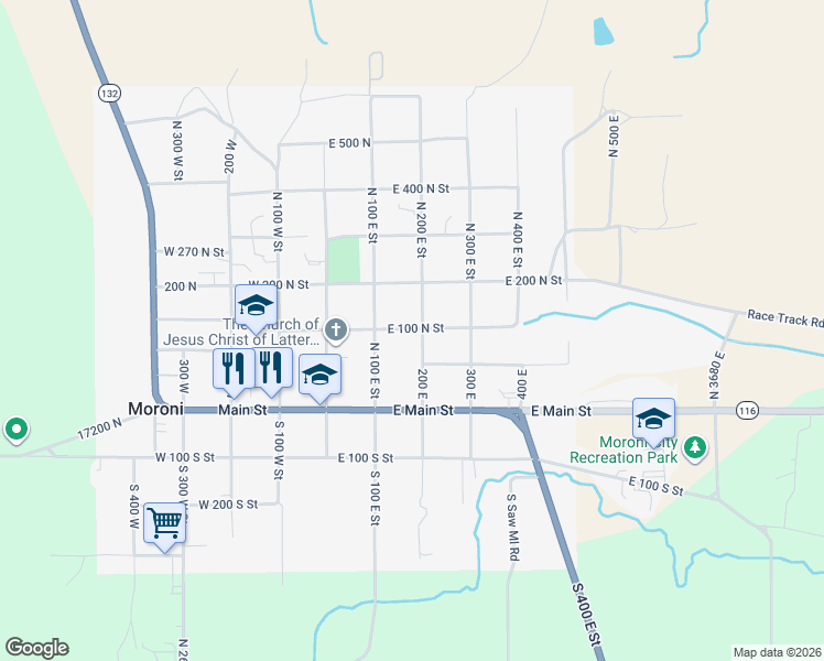 map of restaurants, bars, coffee shops, grocery stores, and more near 195 East 100 South in Moroni