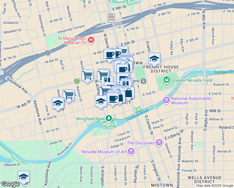 map of restaurants, bars, coffee shops, grocery stores, and more near 151 West Commercial Row in Reno