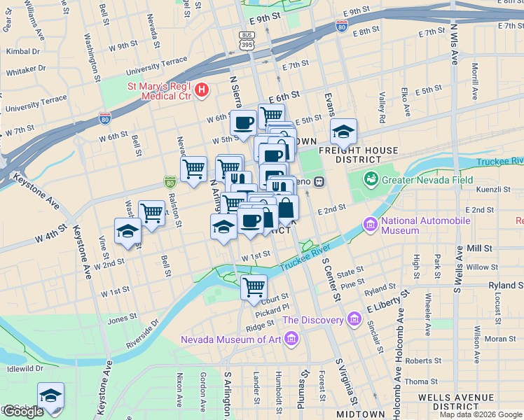map of restaurants, bars, coffee shops, grocery stores, and more near 151 West Commercial Row in Reno