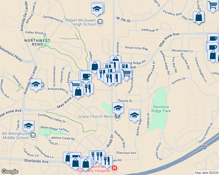 map of restaurants, bars, coffee shops, grocery stores, and more near 1635 Robb Drive in Reno
