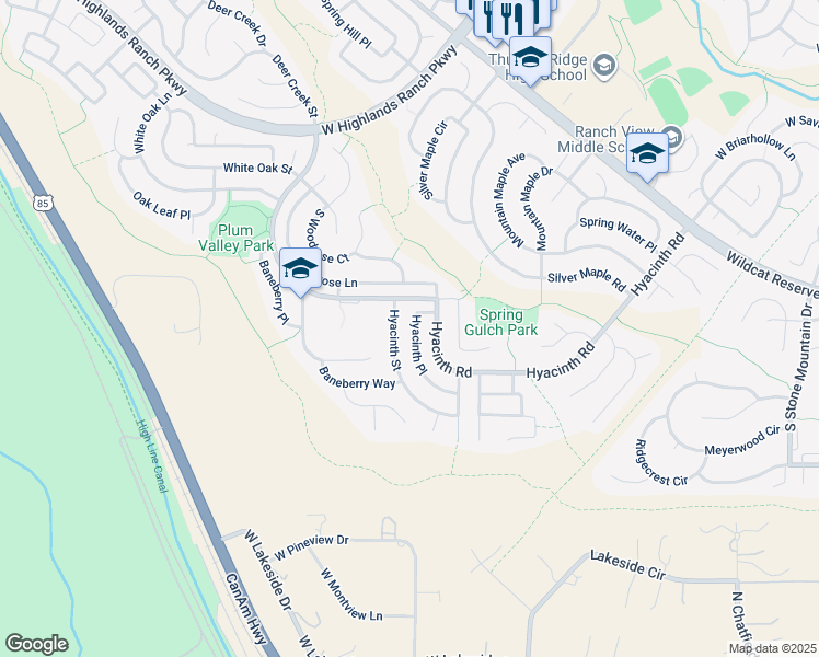 map of restaurants, bars, coffee shops, grocery stores, and more near 10415 Hyacinth Place in Highlands Ranch
