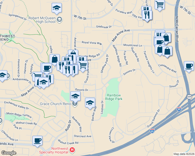 map of restaurants, bars, coffee shops, grocery stores, and more near 1655 Shadow Park Drive in Reno
