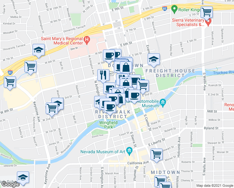 map of restaurants, bars, coffee shops, grocery stores, and more near 151 West Commercial Row in Reno