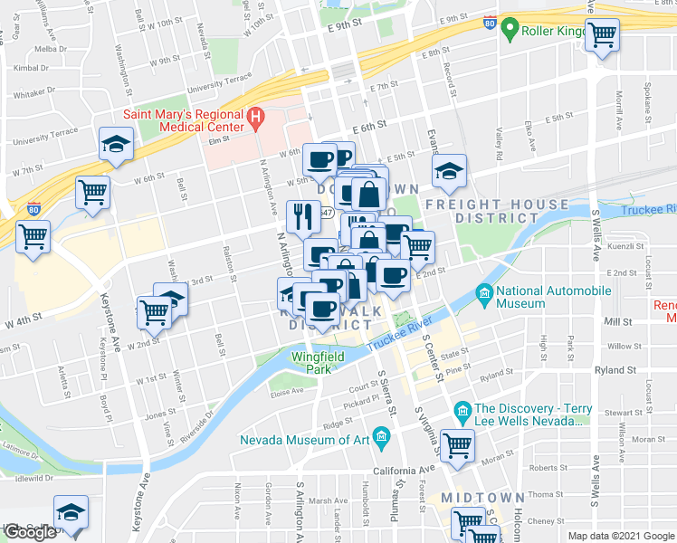 map of restaurants, bars, coffee shops, grocery stores, and more near 151 West Commercial Row in Reno