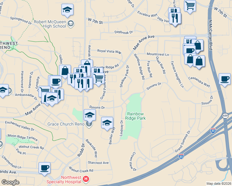 map of restaurants, bars, coffee shops, grocery stores, and more near 1655 Shadow Park Drive in Reno
