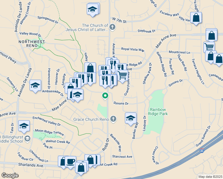 map of restaurants, bars, coffee shops, grocery stores, and more near 1640 Robb Drive in Reno
