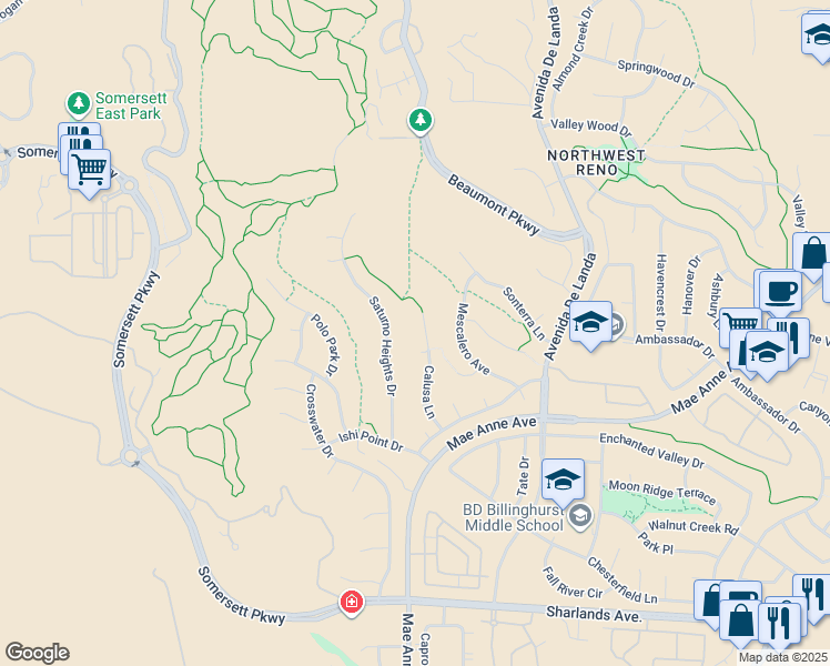 map of restaurants, bars, coffee shops, grocery stores, and more near 1622 Calusa Lane in Reno