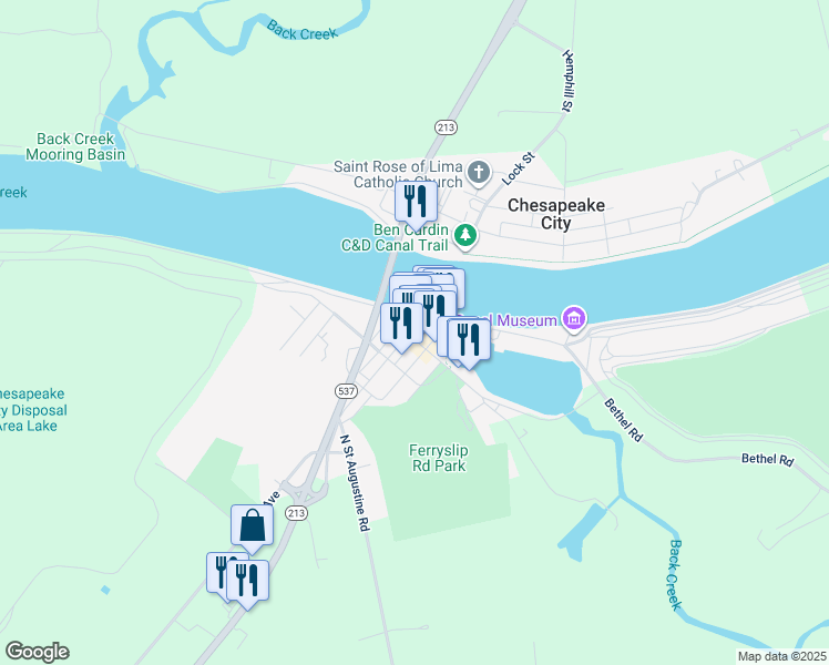 map of restaurants, bars, coffee shops, grocery stores, and more near 105 George Street in Chesapeake City