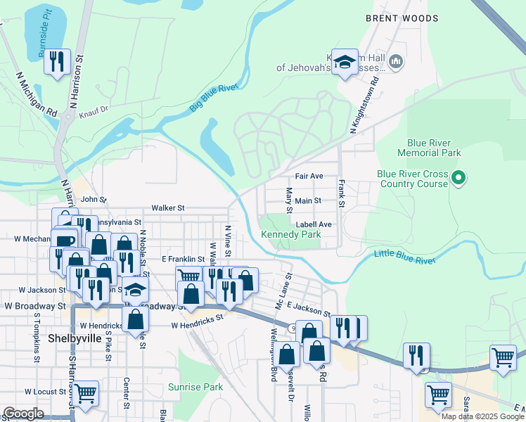 map of restaurants, bars, coffee shops, grocery stores, and more near 401 Alice Street in Shelbyville