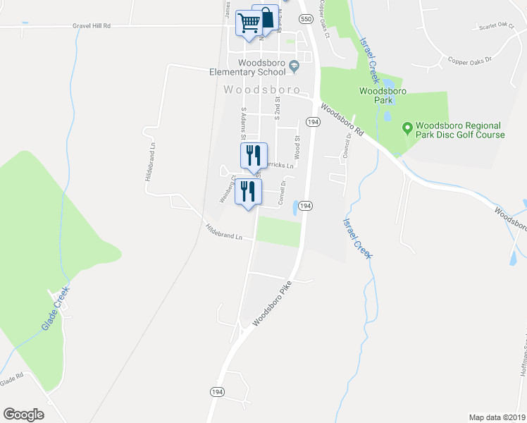 map of restaurants, bars, coffee shops, grocery stores, and more near 614 South Main Street in Woodsboro