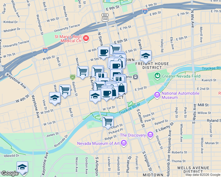 map of restaurants, bars, coffee shops, grocery stores, and more near 151 West Commercial Row in Reno