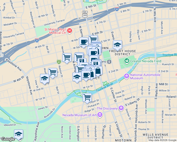 map of restaurants, bars, coffee shops, grocery stores, and more near 151 West Commercial Row in Reno