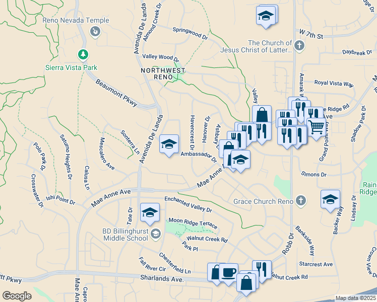 map of restaurants, bars, coffee shops, grocery stores, and more near 1632 Havencrest Drive in Reno