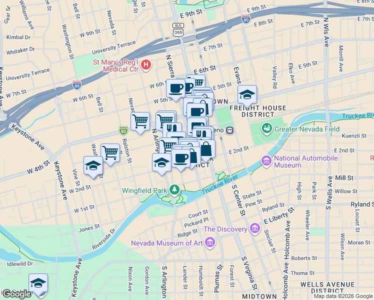 map of restaurants, bars, coffee shops, grocery stores, and more near 151 West Commercial Row in Reno