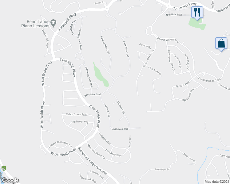 map of restaurants, bars, coffee shops, grocery stores, and more near 1650 Elk Run Trail in Reno