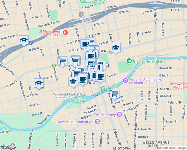 map of restaurants, bars, coffee shops, grocery stores, and more near 255 North Virginia Street in Reno