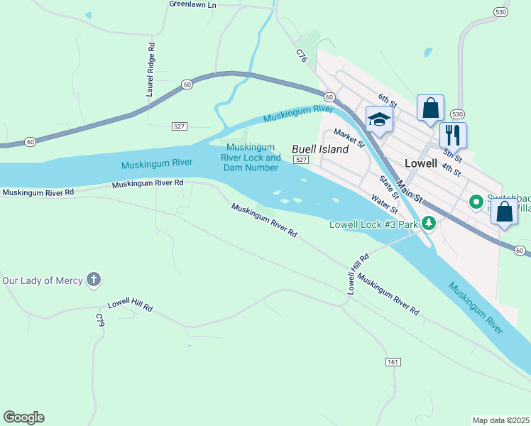map of restaurants, bars, coffee shops, grocery stores, and more near 7940 Muskingum River Road in Lowell