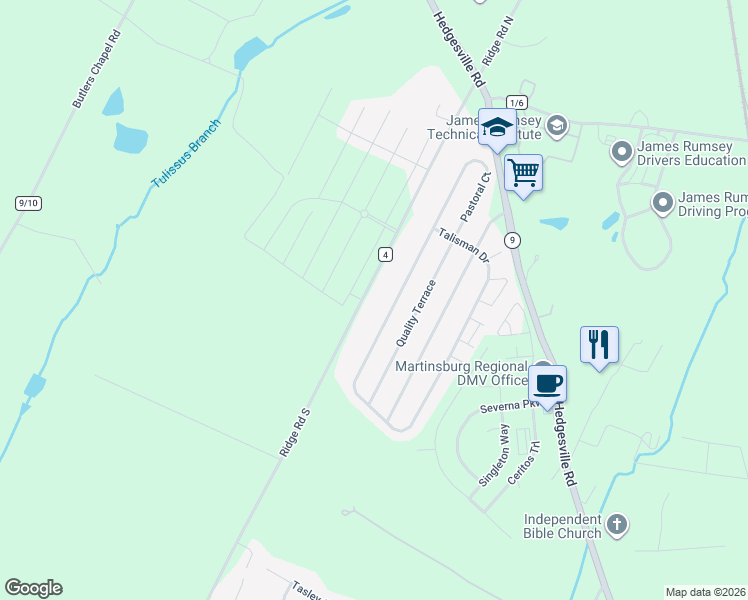 map of restaurants, bars, coffee shops, grocery stores, and more near 2606 Ridge Road South in Martinsburg