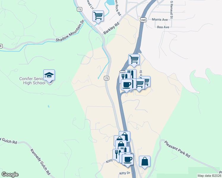 map of restaurants, bars, coffee shops, grocery stores, and more near 10511 County Road 73 in Conifer