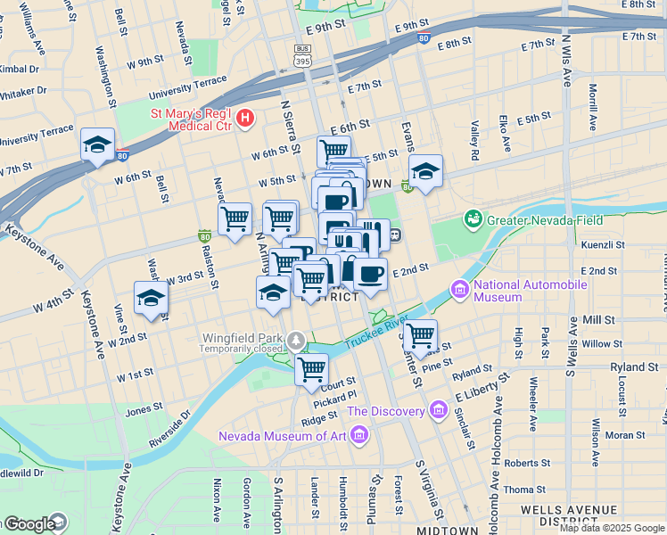 map of restaurants, bars, coffee shops, grocery stores, and more near 255 North Virginia Street in Reno