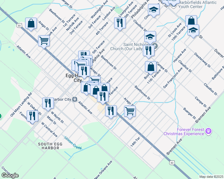 map of restaurants, bars, coffee shops, grocery stores, and more near 823 Arago Street in Egg Harbor City